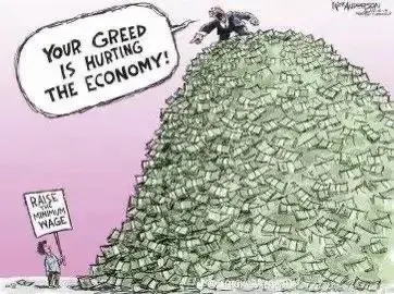 This meme is a humorous illustration of a wealthy person on a mountain of cash, with a speech bubble saying "Your greed is killing the economy!" A smaller figure at the base of the mountain is holding a sign that reads "Raise the minimum wage". The image is meant to be ironic, implying that the wealthy person's greed is the root of economic problems, and that increasing the minimum wage would help address these issues.